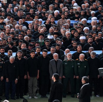 Brigadier General Esmail Qaani, the head of the Revolutionary Guards' Quds Force, attends a prayer during a public farewell ceremony to pay their respects to late Supreme Leader Ayatollah Ali Khamenei, who was killed on February 28 in Israeli and U.S