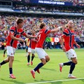 Soccer Football - FIFA World Cup 2026 - Round of 16 - Brazil v Norway - New York New Jersey Stadium, East Rutherford, New Jersey, U.S. - July 5, 2026 Norway's Erling Haaland celebrates scoring their first goal with Andreas Schjelderup and David Molle