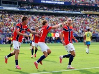 Soccer Football - FIFA World Cup 2026 - Round of 16 - Brazil v Norway - New York New Jersey Stadium, East Rutherford, New Jersey, U.S. - July 5, 2026 Norway's Erling Haaland celebrates scoring their first goal with Andreas Schjelderup and David Molle