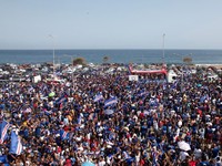 Soccer Football - FIFA World Cup 2026 - Cape Verde arrive home in Praia - Praia, Cape Verde - July 5, 2026 A drone view shows the Quebra Canela beach where Cape Verde fans gather with their national flags to welcome their players and celebrate their