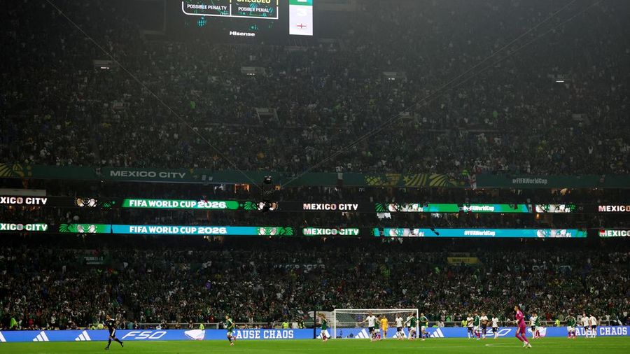 Soccer Football - FIFA World Cup 2026 - Round of 16 - Mexico v England - Estadio Azteca, Mexico City, Mexico - July 5, 2026 General view as the big screen displays a VAR review message before a penalty is awarded to Mexico REUTERS/Paul Childs