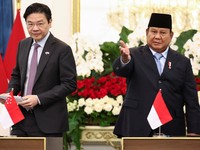 Presiden RI Prabowo Subianto menerima kunjungan kenegaraan PM Singapura Lawrence Wong , Istana Merdeka, 6 Juli 2026. (Reuters Willy Kurniawan)