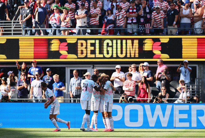 Soccer Football - FIFA World Cup 2026 - Round of 16 - United States v Belgium - Seattle Stadium, Seattle, Washington, U.S. - July 6, 2026 Belgium's Charles De Ketelaere celebrates scoring their first goal with teammates IMAGN IMAGES via Reuters/Blake Dahlin