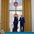 U.S. President Donald Trump shakes hands with Turkish President Recep Tayyip Erdogan during a formal arrival at the Bestepe Presidential Compound at the NATO summit in Ankara, Turkey, Tuesday, July 7, 2026.     Emrah Gurel/Pool via REUTERS