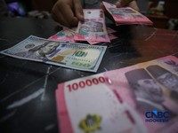 Petugas menjunjukkan uang pecahan dolar Amerika Serikat (AS) dan rupiah diDolar Asia Money Changer, Jakarta, Rabu (8/7/2026).(CNBC Indonesia/Faisal Rahman)