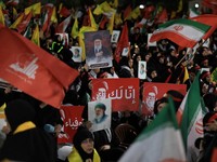 People including Hezbollah supporters, gather to mourn Iran's late Supreme Leader Ayatollah Ali Khamenei, who was killed on February 28 in Israeli and U.S. airstrikes, in the southern suburbs of Beirut, Lebanon, July 8, 2026. REUTERS/Mohamed Azakir