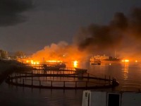 Asap mengepul dari sebuah pelabuhan, dekat Selat Hormuz, setelah serangan AS di Kuhestak, Provinsi Hormozgan, Iran, 8 Juli 2026, dalam tangkapan layar yang diperoleh dari video media sosial. Media Sosial/via REUTERS