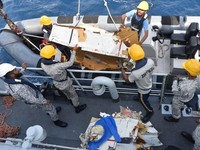 The wreckage of the K2 Airways Boeing 737 cargo plane that crashed in the Arabian Sea, found and retrieved by Pakistani rescuers, according to Pakistan Airports Authority, in this handout image released on July 8, 2026. Pakistan Airports Authority vi