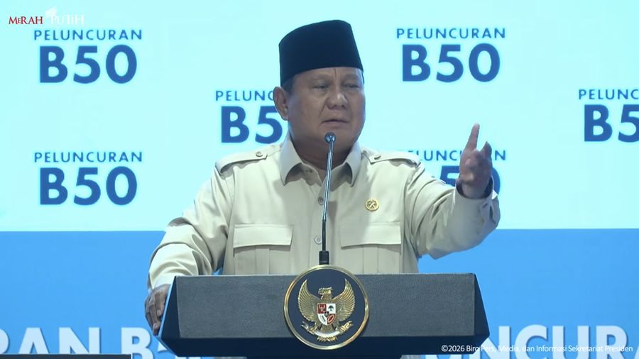 Presiden Prabowo Subianto saat menyampaikan sambutan jelang peresmian Biodisel B50 di Karawang, Kamis (9/7/2026). (Tangkapan Layar Youtube/Sekretariat Presiden)