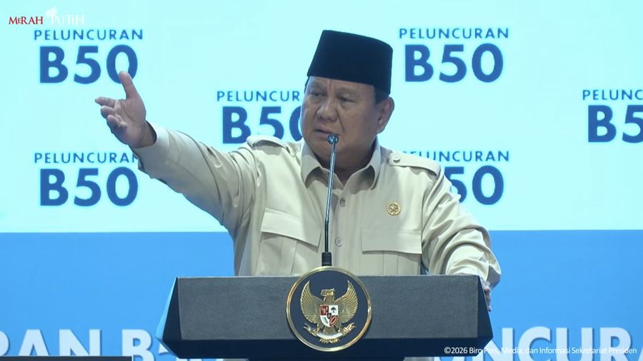 Presiden Prabowo Subianto saat menyampaikan sambutan jelang peresmian Biodisel B50 di Karawang, Kamis (9/7/2026). (Tangkapan Layar Youtube/Sekretariat Presiden)