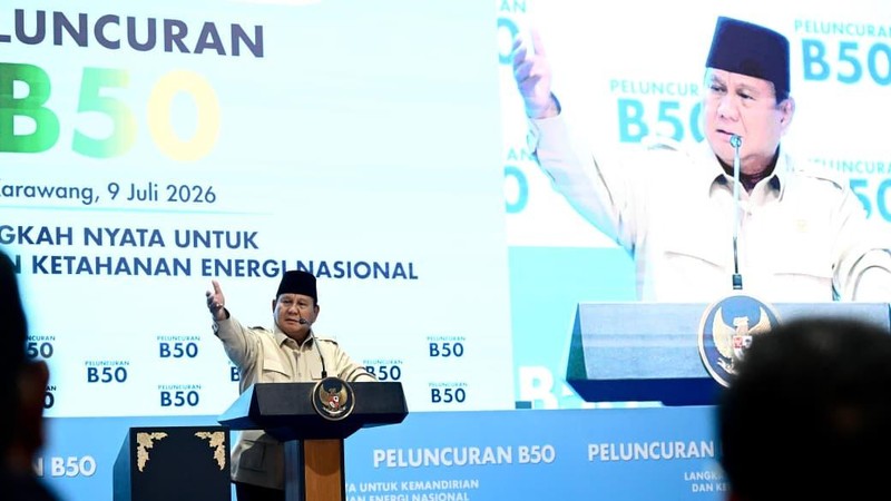 Presiden RI Prabowo Subianto resmi meluncurkan mandatori biodiesel B50, yakni bahan bakar minyak jenis solar yang dicampur bahan bakar nabati berbasis minyak kelapa sawit sebesar 50 persen, di Karawang, Kamis (9/7/2026).