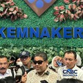 Said Iqbal di Kantor Kemnaker pada Kamis (9/7/2026). (CNBC Indonesia/Elga Nurmutia)