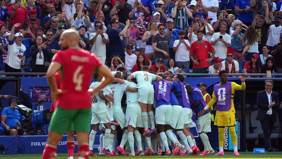 Ousmane Dembele merayakan gol kedua Prancis bersama rekan-rekannya dalam pertandingan perempat final Piala Dunia FIFA 2026 melawan Maroko di Boston Stadium, Foxborough, Massachusetts, Amerika Serikat, Kamis (9/7/2026).