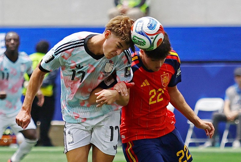 Mikel Merino merayakan kemenangan usai pertandingan yang memastikan Spanyol lolos ke semifinal Piala Dunia FIFA 2026 setelah mengalahkan Belgia pada perempat final di Los Angeles Stadium, Inglewood, California, Amerika Serikat, Jumat (10/7/2026). (IMAGN IMAGES via Reuters/Jessie Alcheh)