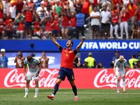 Mikel Merino merayakan kemenangan usai pertandingan yang memastikan Spanyol lolos ke semifinal Piala Dunia FIFA 2026 setelah mengalahkan Belgia pada perempat final di Los Angeles Stadium, Inglewood, California, Amerika Serikat, Jumat (10/7/2026). (IM