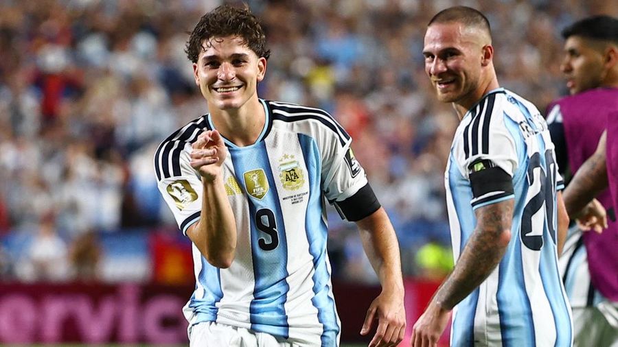 Soccer Football - FIFA World Cup 2026 - Quarter Final - Argentina v Switzerland - Kansas City Stadium, Kansas City, Missouri, U.S. - July 11, 2026 Argentina's Julian Alvarez celebrates scoring their second goal REUTERS/Agustin Marcarian