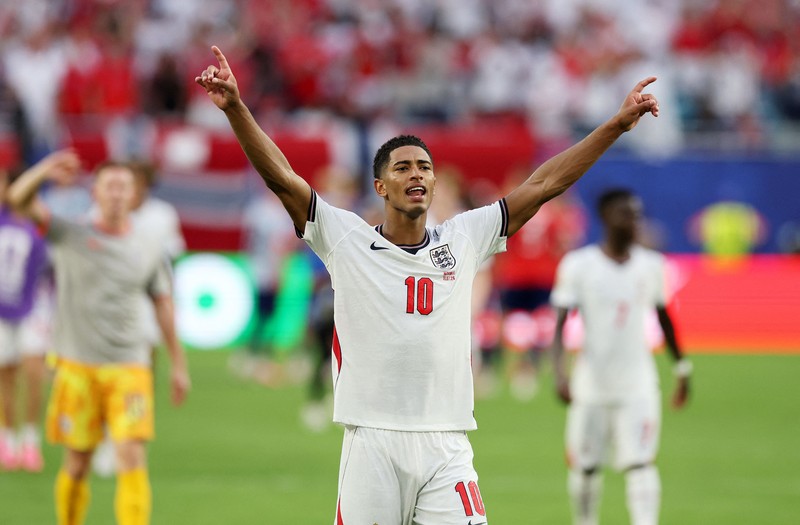 Jude Bellingham merayakan gol kedua Inggris dalam pertandingan perempat final Piala Dunia FIFA 2026 melawan Norwegia di Miami Stadium, Miami Gardens, Florida, Amerika Serikat, Sabtu (11/7/2026). (REUTERS/Mike Segar)