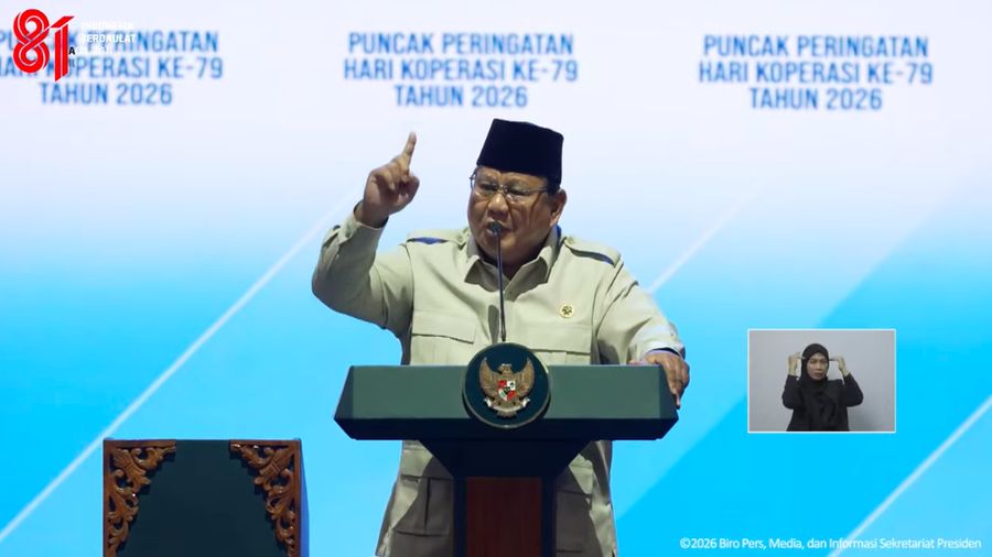 Presiden Prabowo Subianto saat menyampaikan sambutan dalam Puncak Peringatan Hari Koperasi ke-79 Tahun 2026, Jakarta, Minggu (12/7/2026). (Tangkapan Layar Youtube/Sekretariat Presiden)
