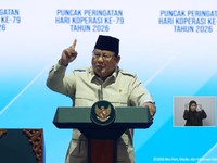 Presiden Prabowo Subianto saat menyampaikan sambutan dalam Puncak Peringatan Hari Koperasi ke-79 Tahun 2026, Jakarta, Minggu (12/7/2026). (Tangkapan Layar Youtube/Sekretariat Presiden)