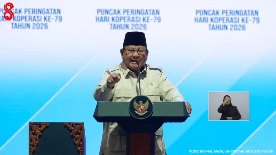 Presiden Prabowo Subianto saat menyampaikan sambutan dalam Puncak Peringatan Hari Koperasi ke-79 Tahun 2026, Jakarta, Minggu (12/7/2026). (Tangkapan Layar Youtube/Sekretariat Presiden)