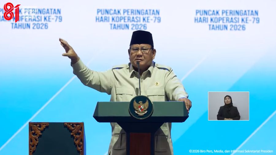 Presiden Prabowo Subianto saat menyampaikan sambutan dalam Puncak Peringatan Hari Koperasi ke-79 Tahun 2026, Jakarta, Minggu (12/7/2026). (Tangkapan Layar Youtube/Sekretariat Presiden)