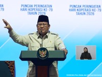 Presiden Prabowo Subianto saat menyampaikan sambutan dalam Puncak Peringatan Hari Koperasi ke-79 Tahun 2026, Jakarta, Minggu (12/7/2026). (Tangkapan Layar Youtube/Sekretariat Presiden)