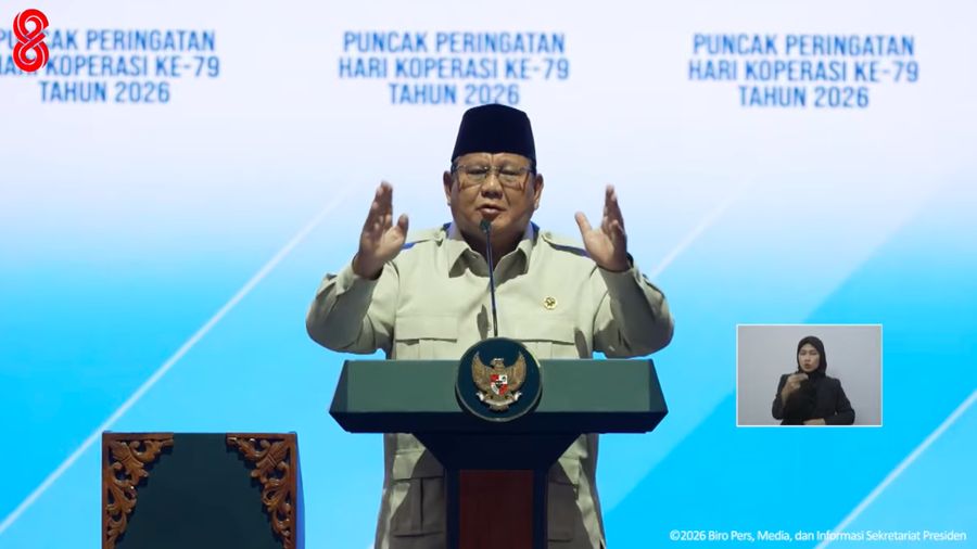 Presiden Prabowo Subianto saat menyampaikan sambutan dalam Puncak Peringatan Hari Koperasi ke-79 Tahun 2026, Jakarta, Minggu (12/7/2026). (Tangkapan Layar Youtube/Sekretariat Presiden)