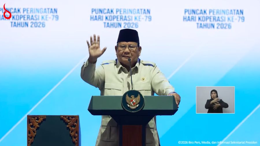 Presiden Prabowo Subianto saat menyampaikan sambutan dalam Puncak Peringatan Hari Koperasi ke-79 Tahun 2026, Jakarta, Minggu (12/7/2026). (Tangkapan Layar Youtube/Sekretariat Presiden)