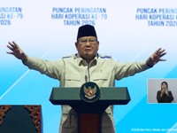 Presiden Prabowo Subianto saat menyampaikan sambutan dalam Puncak Peringatan Hari Koperasi ke-79 Tahun 2026, Jakarta, Minggu (12/7/2026). (Tangkapan Layar Youtube/Sekretariat Presiden)