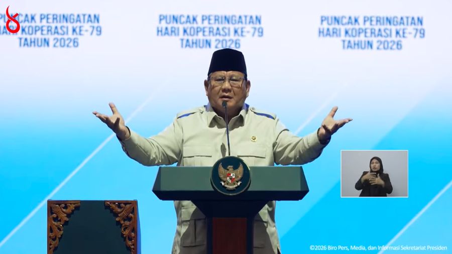 Presiden Prabowo Subianto saat menyampaikan sambutan dalam Puncak Peringatan Hari Koperasi ke-79 Tahun 2026, Jakarta, Minggu (12/7/2026). (Tangkapan Layar Youtube/Sekretariat Presiden)
