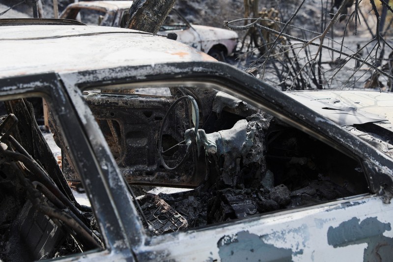 Sebuah kendaraan yang terbakar di area yang terbakar setelah kebakaran hutan mematikan di Almocaizar, Almeria, Spanyol, 12 Juli 2026. (REUTERS/Loyola Perez de Villegas Muniz)