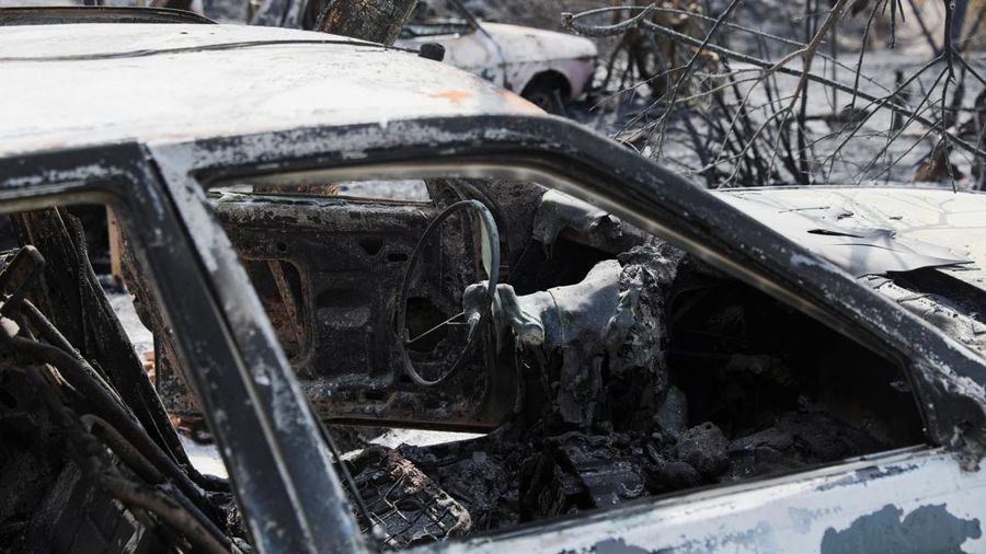 Sebuah kendaraan yang terbakar di area yang terbakar setelah kebakaran hutan mematikan di Almocaizar, Almeria, Spanyol, 12 Juli 2026.