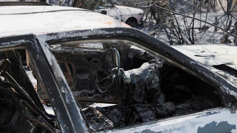 Sebuah kendaraan yang terbakar di area yang terbakar setelah kebakaran hutan mematikan di Almocaizar, Almeria, Spanyol, 12 Juli 2026.