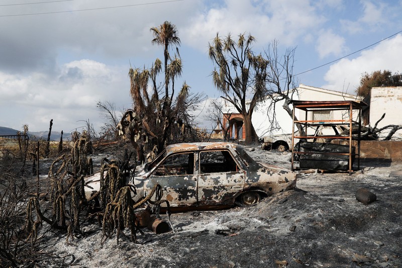 Sebuah kendaraan yang terbakar di area yang terbakar setelah kebakaran hutan mematikan di Almocaizar, Almeria, Spanyol, 12 Juli 2026. (REUTERS/Loyola Perez de Villegas Muniz)