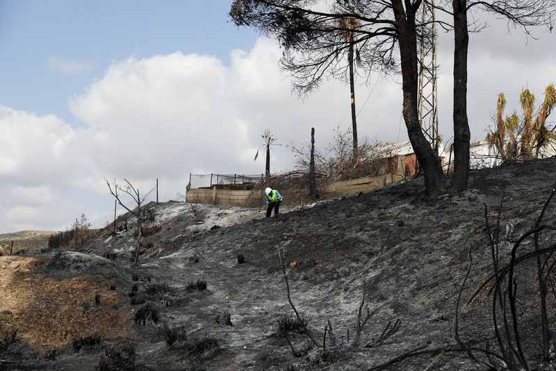Sebuah kendaraan yang terbakar di area yang terbakar setelah kebakaran hutan mematikan di Almocaizar, Almeria, Spanyol, 12 Juli 2026. (REUTERS/Loyola Perez de Villegas Muniz)