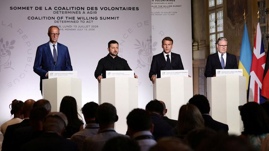 Kanselir Jerman Friedrich Merz, Presiden Ukraina Volodymyr Zelenskiy, Presiden Prancis Emmanuel Macron, dan Perdana Menteri Inggris Keir Starmer memberikan konferensi pers setelah KTT Koalisi Negara-Negara yang Bersedia tentang jaminan keamanan untuk