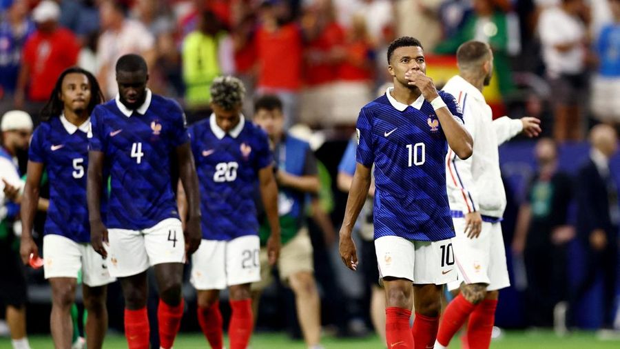 Kylian Mbappe tampak kecewa usai Prancis tersingkir dari Piala Dunia FIFA 2026 setelah kalah dari Spanyol pada laga semifinal di Dallas Stadium, Arlington, Texas, Amerika Serikat, Selasa (14/7/2026).