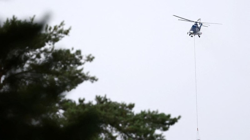 Petugas pemadam kebakaran memadamkan kebakaran hutan yang melanda kawasan hutan bersejarah Fontainebleau, dekat Paris, Prancis, Selasa (14/7/2026). (REUTERS/Stephane Mahe)