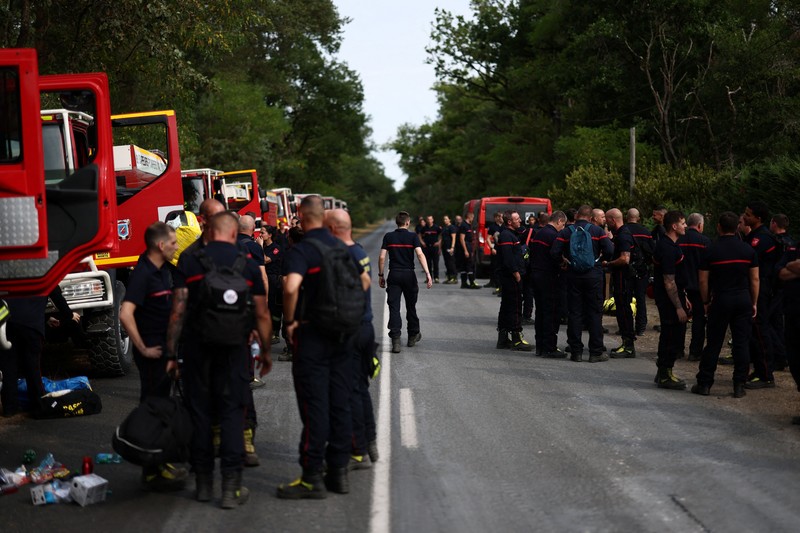 Petugas pemadam kebakaran memadamkan kebakaran hutan yang melanda kawasan hutan bersejarah Fontainebleau, dekat Paris, Prancis, Selasa (14/7/2026). (REUTERS/Stephane Mahe)
