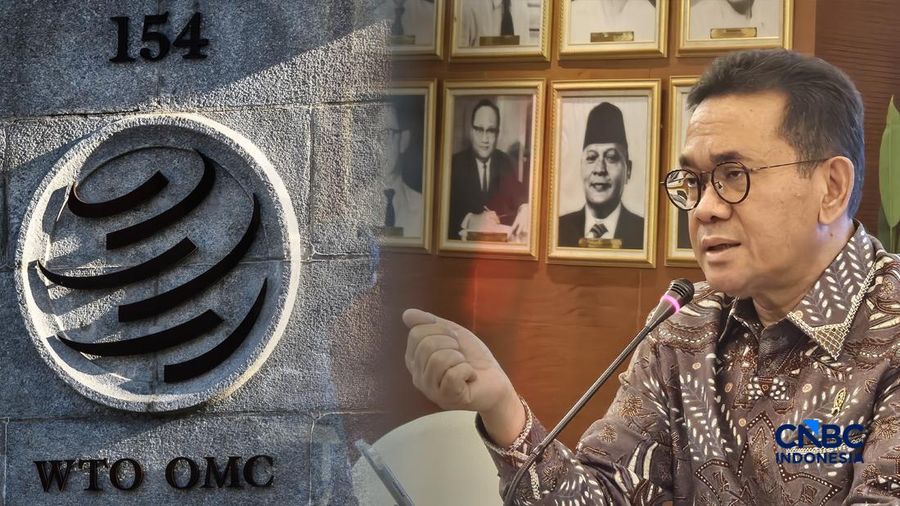 Logo WTO dan Menteri Perdagangan (Mendag) Budi Santoso. (CNBC Indonesia/Martyasari Rizky)