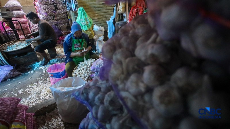 Pekerja mengupas bawang putih di Pasar Induk Kramat Jati, Jakarta, Kamis (16/7/2026). Badan Pusat Statistik (BPS) mencatat Indonesia masih sangat bergantung pada China untuk memenuhi kebutuhan impor bawang putih. (CNBC Indonesia/Faisal Rahman)
