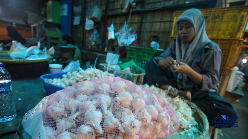 Pekerja mengupas bawang putih di Pasar Induk Kramat Jati, Jakarta, Kamis (16/7/2026). Badan Pusat Statistik (BPS) mencatat Indonesia masih sangat bergantung pada China untuk memenuhi kebutuhan impor bawang putih. (CNBC Indonesia/Faisal Rahman)