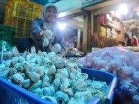 Pekerja mengupas bawang putih di Pasar Induk Kramat Jati, Jakarta, Kamis (16/7/2026). Badan Pusat Statistik (BPS) mencatat Indonesia masih sangat bergantung pada China untuk memenuhi kebutuhan impor bawang putih. (CNBC Indonesia/Faisal Rahman)