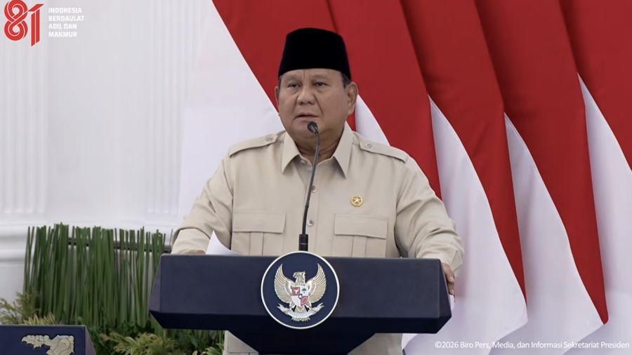 Presiden Prabowo Subianto saat menyampaikan sambutan dalam Groundbreaking Proyek Strategis Nasional Liquefied Natural Gas (LNG) Abadi Masela, Maluku, Kamis (16/7/2026). (Tangkapan Layar Youtube/Sekretariat Presiden)