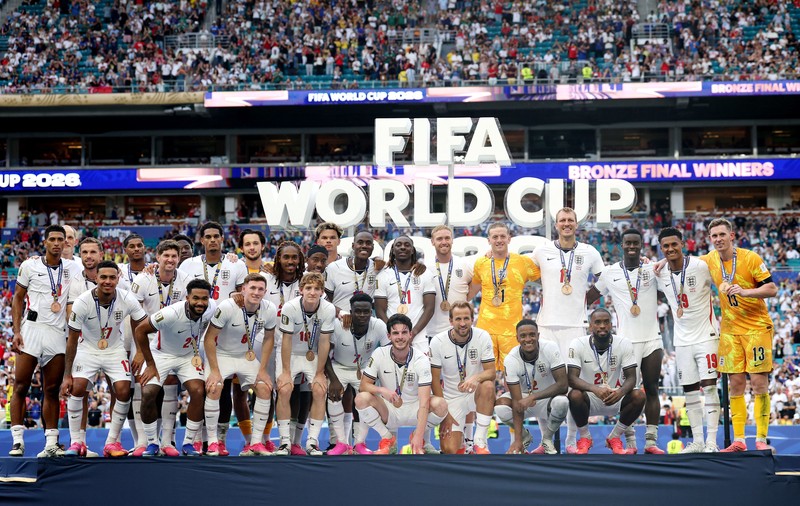 Timnas Inggris meraih medali perunggu Piala Dunia 2026 usai mengalahkan Prancis, Minggu (19/7/2026) pagi. (REUTERS/Carlos Barria)
