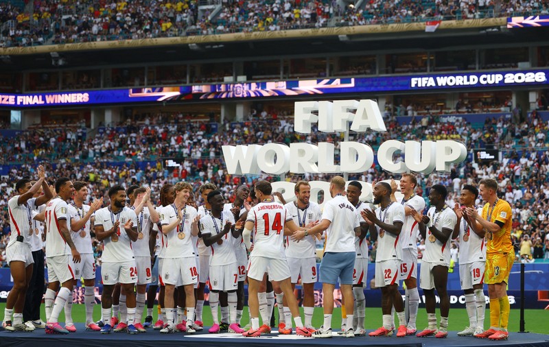 Timnas Inggris meraih medali perunggu Piala Dunia 2026 usai mengalahkan Prancis, Minggu (19/7/2026) pagi. (REUTERS/Carlos Barria)