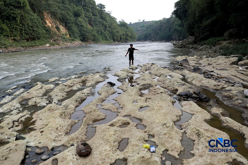 Musim kemarau mulai berdampak pada menyusutnya debit Sungai Cisadane yang melintasi Desa Kampung Sawah, Kecamatan Rumpin, Kabupaten Bogor, Jawa Barat, Senin (20/7/2026). (CNBC Indonesia/Muhammad Sabki)