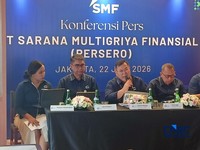 (dari kiri ke kanan) Primasari Setyaningrum, Sekretaris Perusahaan PT SMF (Persero), Bonai Subiakto, Direktur Keuangan dan Manajemen Risiko PT SMF (Persero), Ananta Wiyogo, Direktur Utama PT SMF (Persero), Heliantopo, Direktur Bisnis PT SMF (