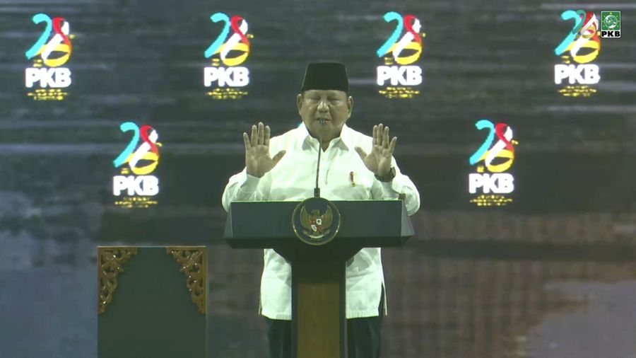 Presiden Prabowo Subianto saat menyampaikan sambutan dalam Puncak Harlah ke-28 yang di gelar oleh Partai Kebangkitan Bangsa (PKB) di Jakarta, Kamis (23/7/2026). (Tangkapan Layar Youtube/ DPP PKB)