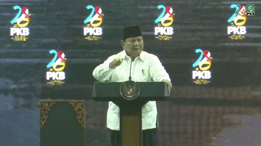 Presiden Prabowo Subianto saat menyampaikan sambutan dalam Puncak Harlah ke-28 yang di gelar oleh Partai Kebangkitan Bangsa (PKB) di Jakarta, Kamis (23/7/2026). (Tangkapan Layar Youtube/ DPP PKB)